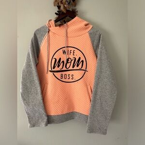 Women’s Graphic Double Hooded Pullover Hoodie - Peach and Gray, Size XL